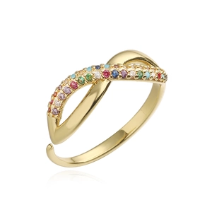 Detailed macro of 18K gold plated infinity cross ring featuring vibrant multi-colored zircons