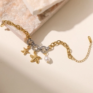 18K gold plated stainless steel bracelet with starfish charms and freshwater pearl