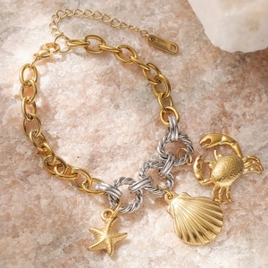Two-tone 18K gold plated stainless steel marine bracelet with starfish and shell charms