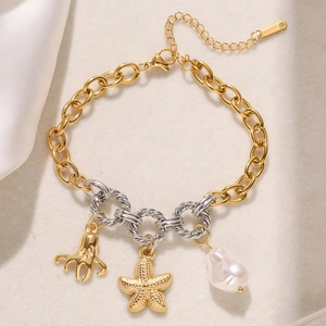 Ocean Theme Stainless Steel Bracelet Gold Silver Plated Starfish Octopus Shell Artificial Pearl Charms For Women Fashion Jewelry