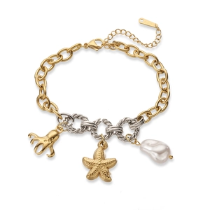 Two-tone stainless steel nautical bracelet with octopus, starfish and baroque pearl charms
