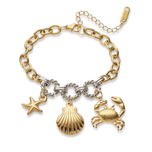 Detail of 18K gold-plated stainless steel bracelet with starfish and crab charms