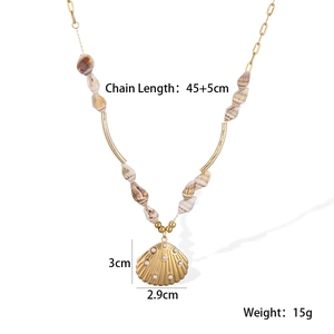 Detailed view of 18K gold plated shell pendant necklace with white pearls and dimensions