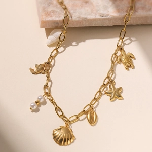 Vintage Stainless Steel Shell Pendant Necklace Gold Plated Marine Starfish Faux Artificial Pearl Jewelry Women Beach Accessory