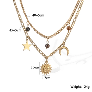 Detailed view of 18K gold plated layered necklace with sun and moon pendants specs
