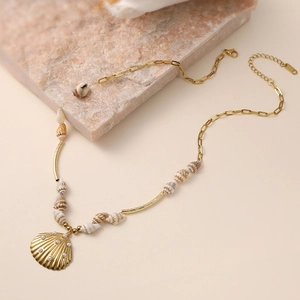 18K gold plated stainless steel shell necklace with pearls and beach style charms