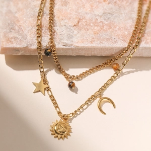 Vintage Stainless Steel Multi Pendant Necklace 18K Gold Plated Sun Moon Star Cross Heart Artificial Pearl Jewelry For Women