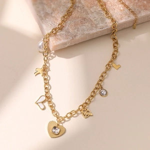 18K gold plated chunky chain necklace with heart charms, baroque pearl and bird pendant