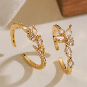 18K Gold Plated Copper Flower Leaf Open Ring For Women Minimalist Adjustable Rhinestone Inlaid Geometric Finger Ring Jewelry