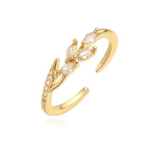 18K gold plated flower ring with marquise zircon leaves and adjustable open band