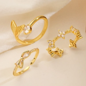 Luxury Copper 18K Gold Plated Zirconia Geometric Open Ring For Women Minimalist Mermaid Tail Clover Bow Adjustable Jewelry