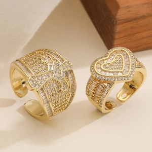 Luxury Copper Gold Plated Open Heart Cross Rings For Women Hip Hop Minimalist Heart Shaped Adjustable Finger Ring Rhinestone Inlaid Jewelry