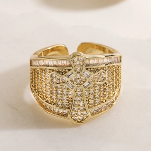 Luxurious 18K gold-plated cross ring with pavé zircons and an adjustable open band design