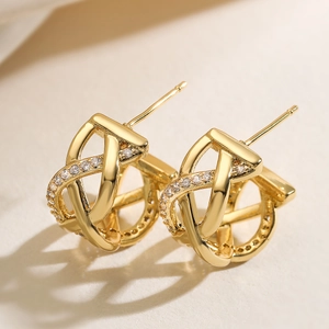 Minimalist gold plated geometric crossover stud earrings with sparkling cubic zirconia stones