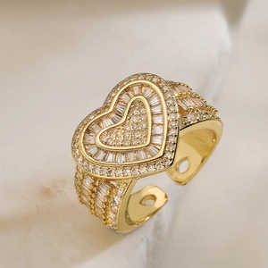 18K gold plated heart cross ring with pavé zircons and adjustable open band design