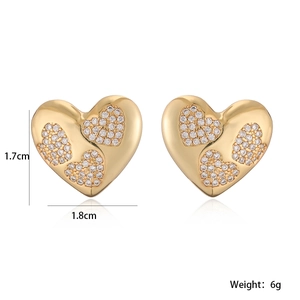 Retro gold plated copper heart stud earrings with white cubic zirconia for women