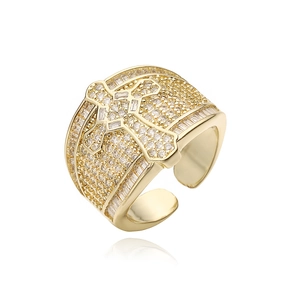 18K gold plated cross ring with micro-paved zircons and adjustable open band design