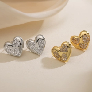 Vintage Copper Heart Stud Earrings With Micro Pave Rhinestones Heart Shape Gold Silver Plated Earrings For Women Fashion Jewelry