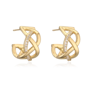Gold plated twisted geometric stud earrings with sparkling pavé cubic zirconia