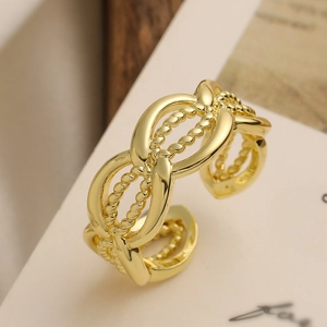 Minimalist gold plated leaf geometric open ring with vintage braided texture for women