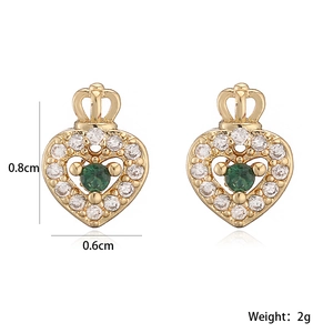 Elegant gold plated heart crown stud earrings with green zircon and clear crystals
