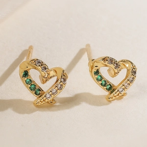 Gold-plated heart stud earrings with green gemstones and white zircon in a minimalist style
