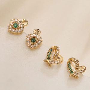 Exquisite Copper Gold Plated Heart Stud Earrings For Women Tiny Crown Inlaid Green White Rhinestone Romantic Commuter Jewelry