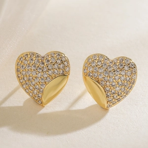 Minimalist 18K gold plated heart stud earrings with pavé zircon stones and polished finish