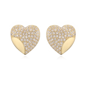 Detail of 18K gold plated heart stud earrings with cubic zirconia pavé and polished finish