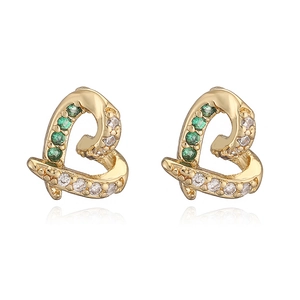 Exquisite gold-plated heart stud earrings featuring emerald green and white zircons