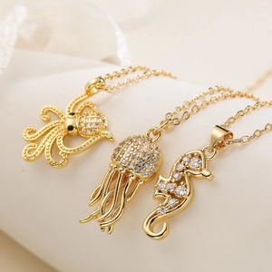 Collier Pendentif Océan En Cuivre Plaqué Or Pour Femme Zircone Poulpe Hippocampe Méduse Bijoux De Mode
