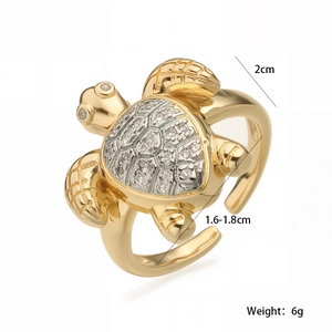 Detailed view of turtle-shaped ring with gold plating and cubic zirconia inlay