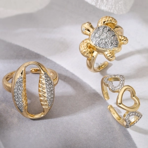 Women Fashion Real Gold Plated Copper Open Ring Adjustable Zircon Heart Turtle Geometric Ring For Daily Party Jewelry