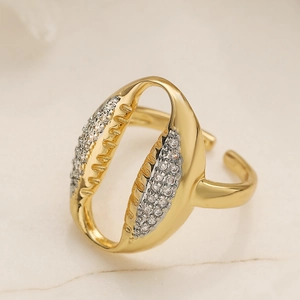 Gold shell open ring with sparkling white zircon stones and hollow geometric design