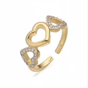 Golden heart-shaped adjustable open ring with sparkling pavé zircon detailing