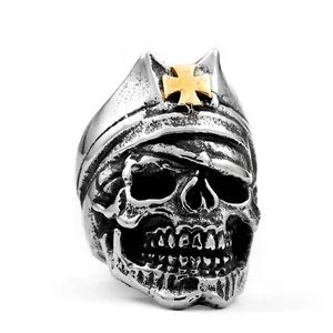 Vintage Punk Skull Ring With Golden Cross Stainless Steel Biker Ring Men Gothic Jewelry Distressed Retro Band Ring