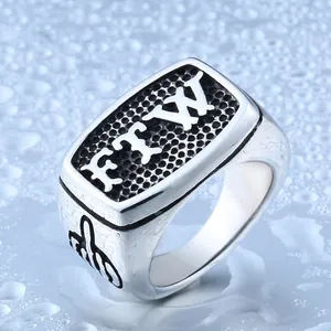 Men's punk stainless steel ring with FTW text and middle finger gesture engraving