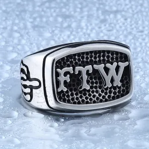 Men's punk style stainless steel ring with FTW text and middle finger gesture design