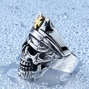 Vintage punk military skull ring with gold cross on army hat, made of stainless steel