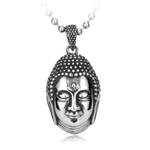 Collier Pendentif Tête de Bouddha en Acier Inoxydable Vintage Bijoux Religieux en Acier Titane pour Hommes Femmes