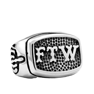 Punk style stainless steel FTW shield ring with middle finger engraving for men