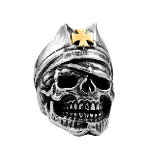 Retro punk titanium steel skull ring with golden iron cross on military officer hat