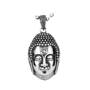 Pendentif tête de Bouddha rétro en acier inoxydable avec gravures et collier chaîne à billes