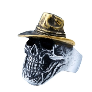 Vintage cowboy skull ring in dual-tone stainless steel with a golden hat and silver finish