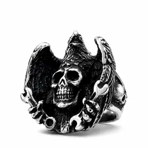 Vintage Gothic Stainless Steel Skull Ring Men Biker Eagle Wing Wrench Mechanical Punk Rock Jewelry Retro Distressed Band
