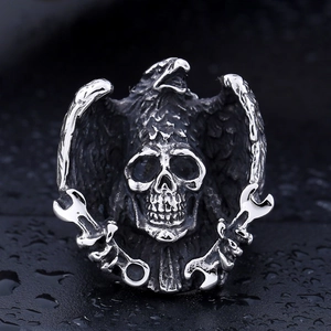 Men's punk stainless steel eagle skull wrench ring with industrial vintage finish