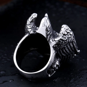Handcrafted vintage eagle skull wrench ring in titanium steel for men with matte finish
