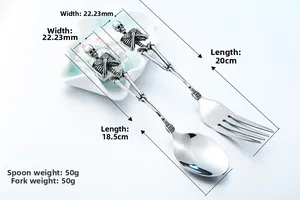 Detailed view of skeleton handle cutlery set with length and weight measurements