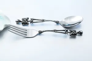 Detailed skull handle cutlery set with realistic bone structure in vintage stainless steel