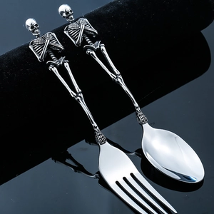Creative stainless steel skull handle fork and spoon set with vintage mirror polished finish